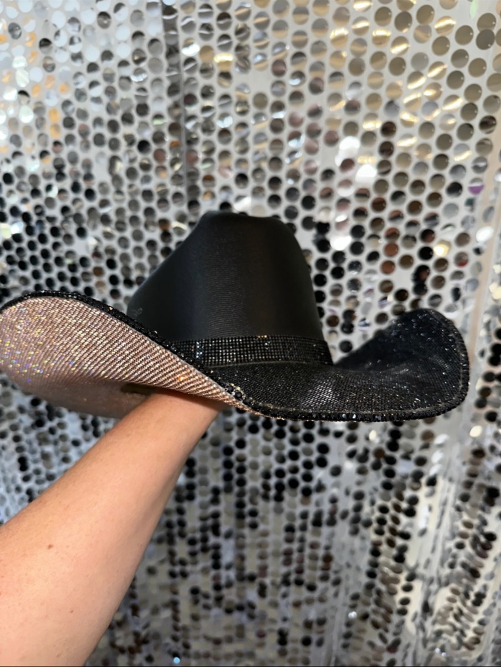 Women's Black Rhinestone Trim Cowboy Hat with Silver Sparkle Underbrim